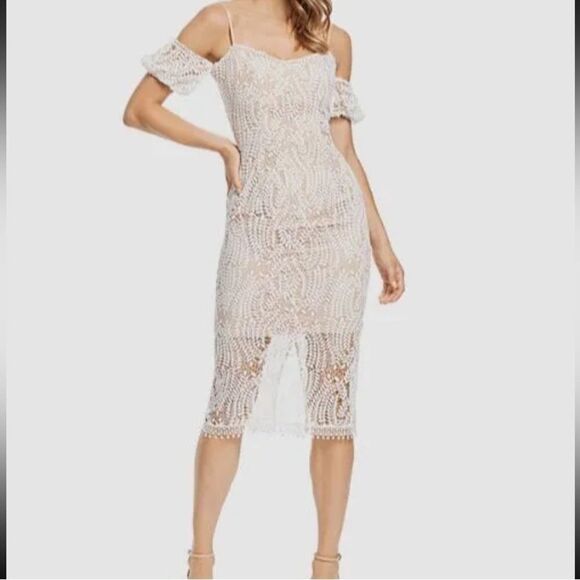 Dress The Population Women's White Beige Lace Sacha Shoulder-H3 - Picture 3 of 12